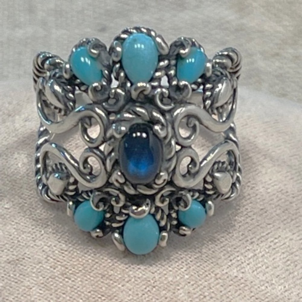 Carolyn Pollack Blue Turquoise & Dark Blue Labradorite Rope Swirl Sterling Ring